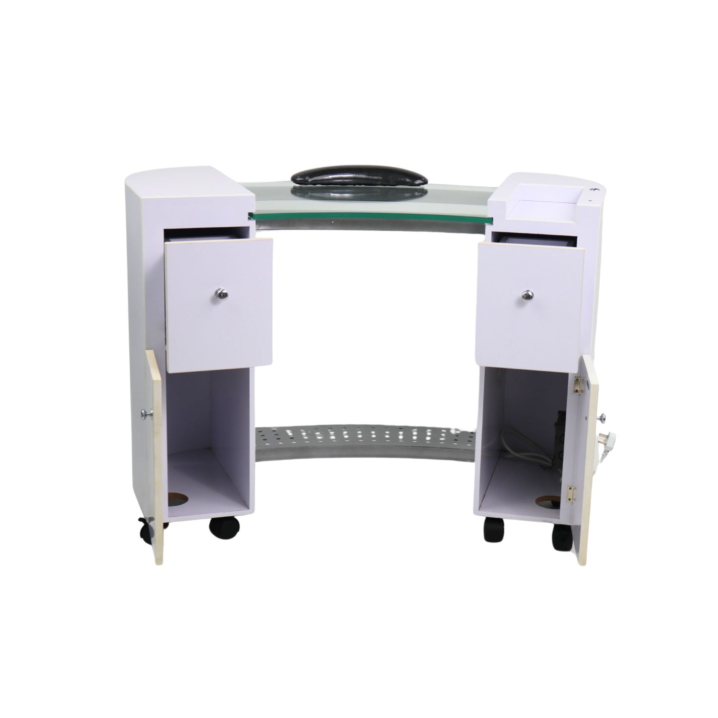 Bella Table 14 - Curved White Legs, Glass Center