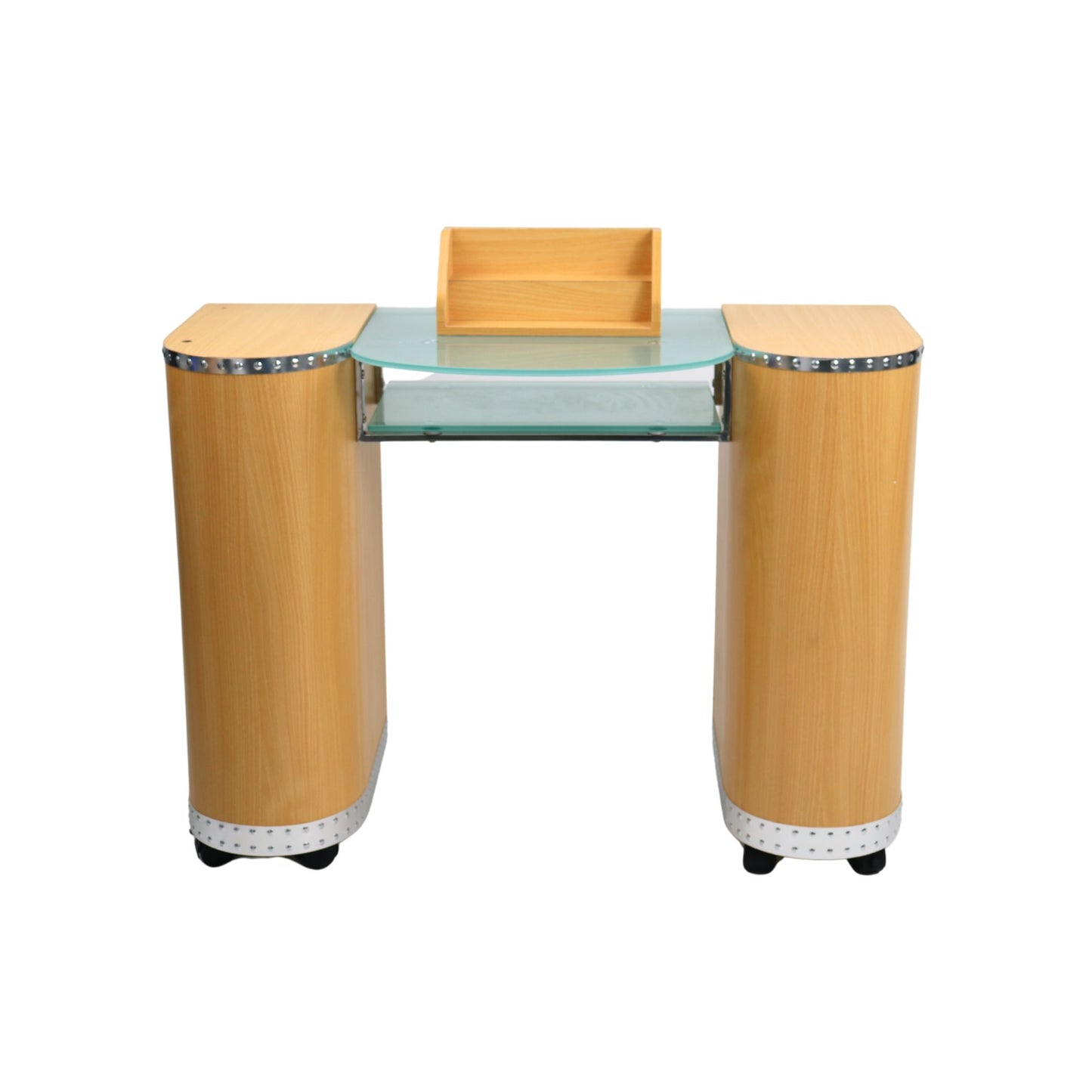 Bella Table 10 - Wood (Silver Trim, Glass Centre)