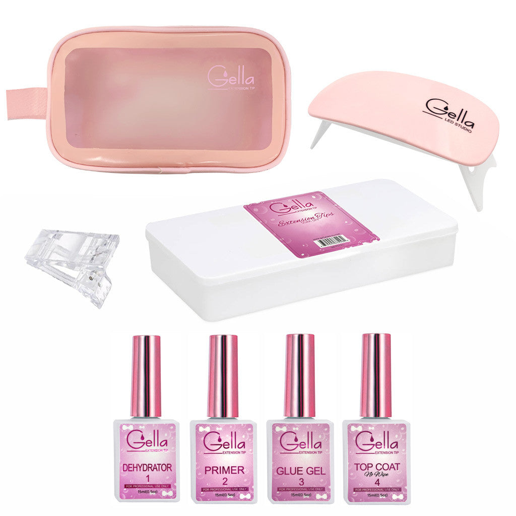 Gella Extension Tip Kit + Studio Lamp Long Almond Diamond Nail Supplies