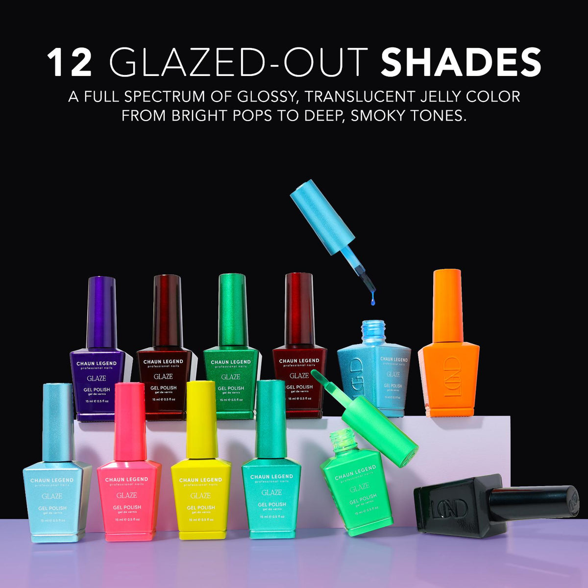 Chaun Legend Glaze Gel Polish bottle Glaze Collection  Professional gel polish, 15 ml (0.5 fl oz), features LGG01 - LGG12
