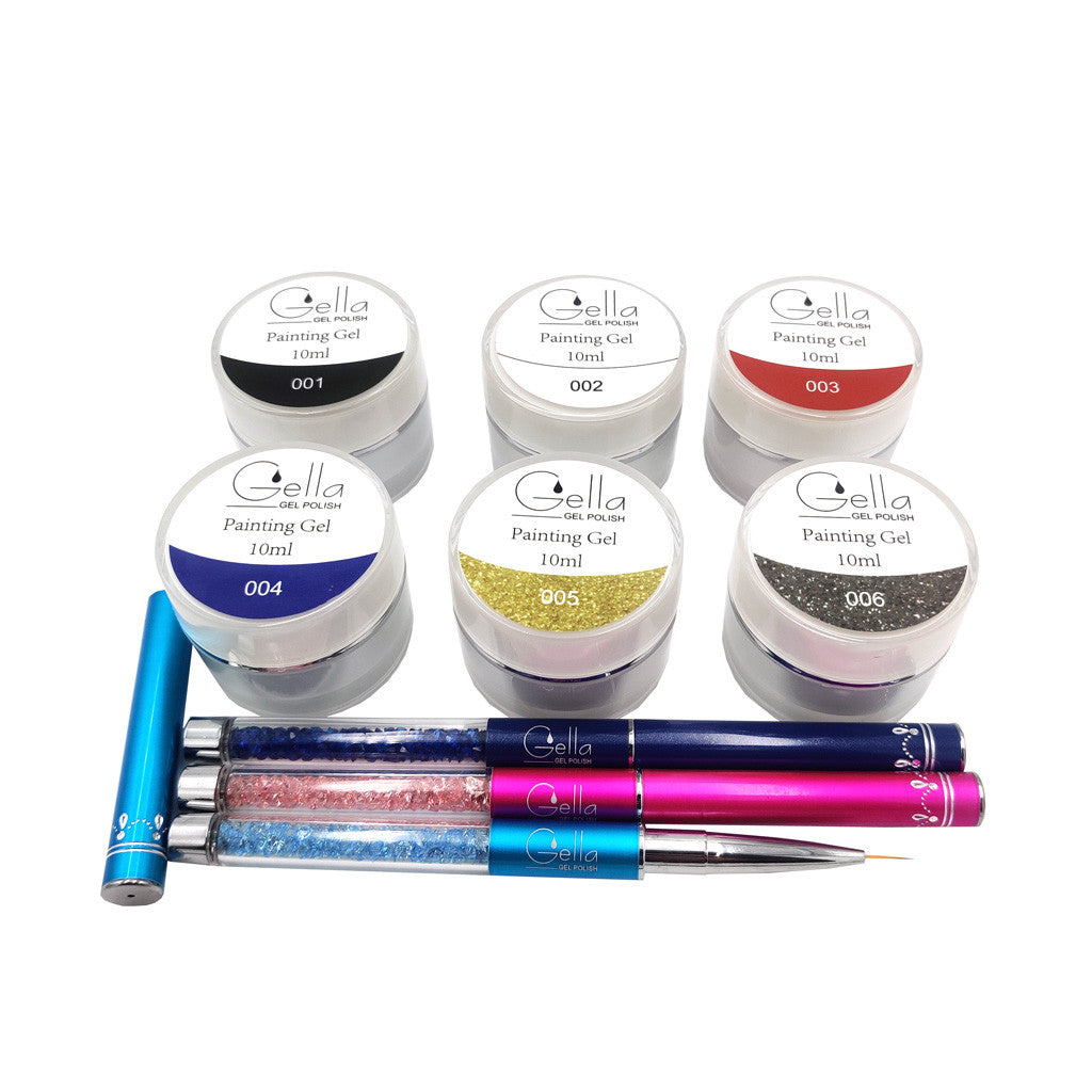 Painting Gel Kit 6 Gels + 3 Brush Diamond Nail Supplies
