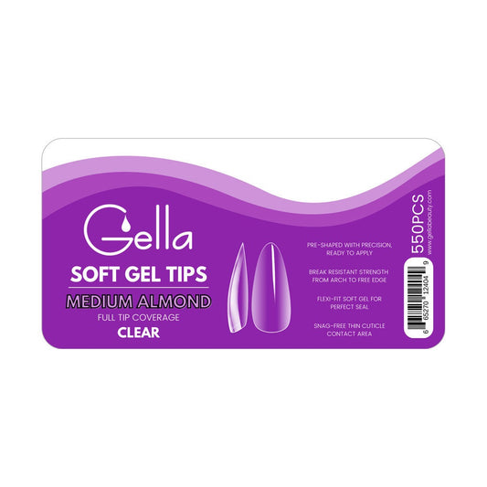 Gella Soft Gel Full Cover Tips - Medium Almond Clear Diamond Nail Supplies