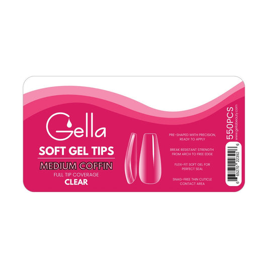 Gella Soft Gel Full Cover Tips - Medium Coffin Clear Diamond Nail Supplies