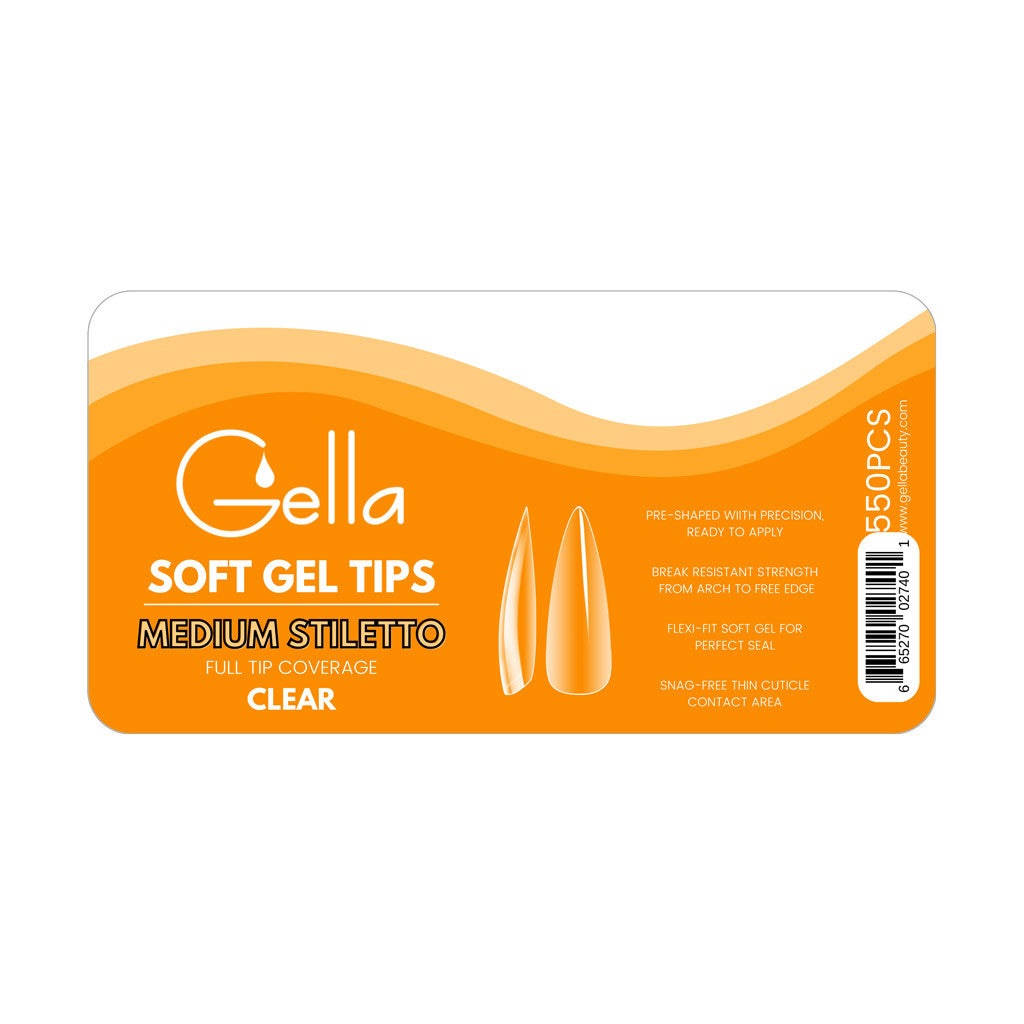 Gella Soft Gel Full Cover Tips - Medium Stiletto Clear Diamond Nail Supplies